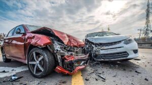 Two drivers stand beside damaged vehicles while a police officer documents the collision scene.