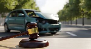 A damaged motorcycle and car sit at an intersection while a rider’s helmet and protective gear rest nearby.