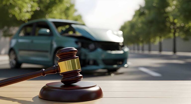 A damaged motorcycle and car sit at an intersection while a rider’s helmet and protective gear rest nearby.
